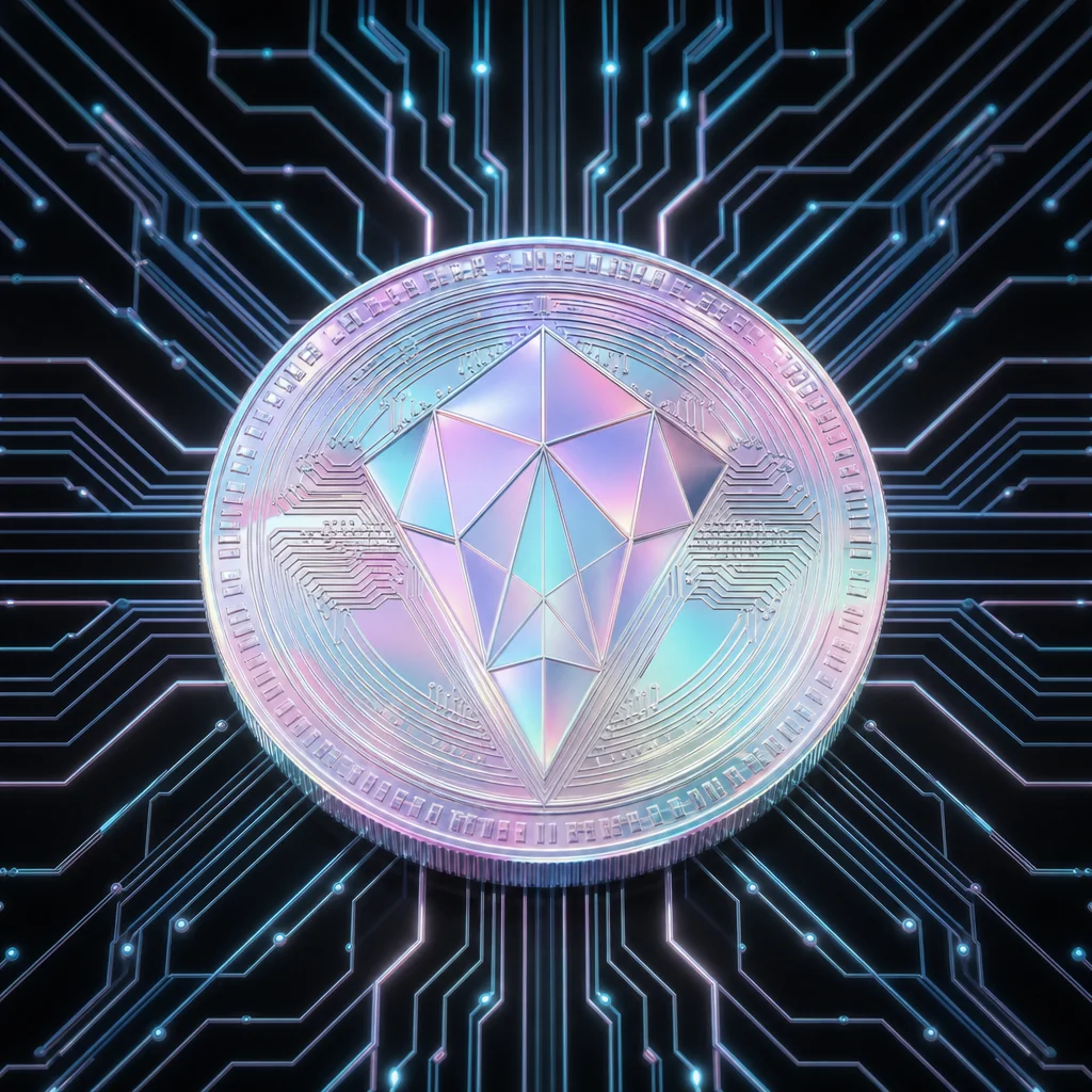 Holographic crypto coins arranged in geometric pearl pattern